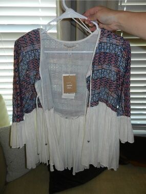 NWT Zara Trafaluc Cream Top with Blue & Red Geometric Detail